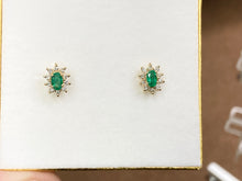 Load image into Gallery viewer, Emerald And Diamond Halo 14 K Yellow Gold Earrings