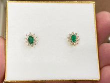 Load image into Gallery viewer, Emerald And Diamond Halo 14 K Yellow Gold Earrings