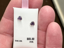 Load image into Gallery viewer, Silver Baby Heart Purple Cubic Zirconia Earrings