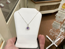 Load image into Gallery viewer, Purple Swarovski Zirconia Silver Halo Pendant With Chain