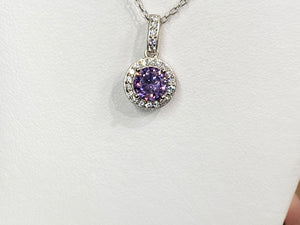 Purple Swarovski Zirconia Silver Halo Pendant With Chain