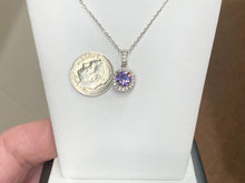 Load image into Gallery viewer, Purple Swarovski Zirconia Silver Halo Pendant With Chain