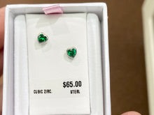 Load image into Gallery viewer, Silver Baby Earrings Heart Shaped Green Cubic Zirconia