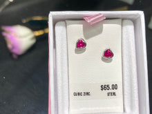 Load image into Gallery viewer, Silver Heart Shaped Red Cubic Zirconia Baby Earrings