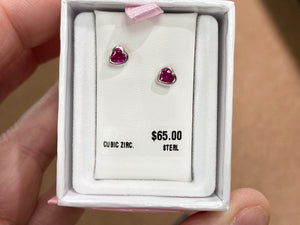 Silver Heart Shaped Red Cubic Zirconia Baby Earrings