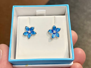 Silver White Sapphire Blue Flower Earrings