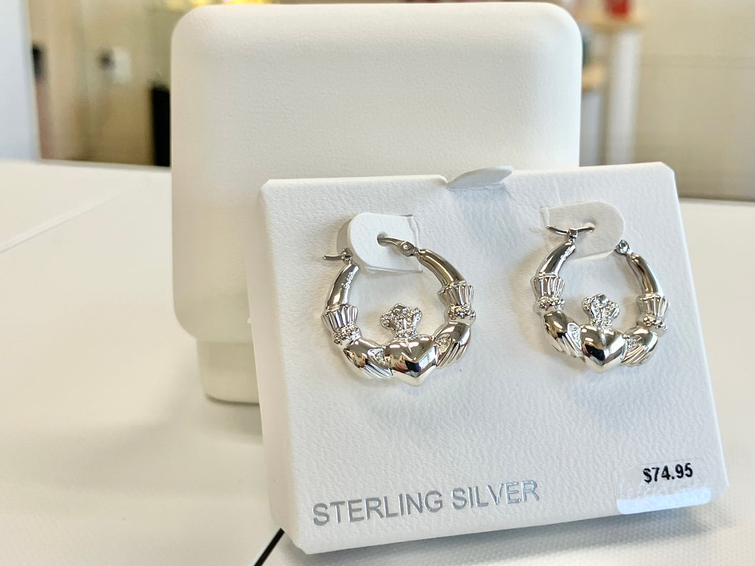 Silver Claddagh Hoop Earrings