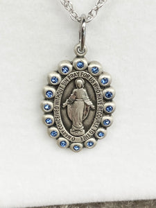 Miraculous Medal Silver With Blue Swarovski Crystals