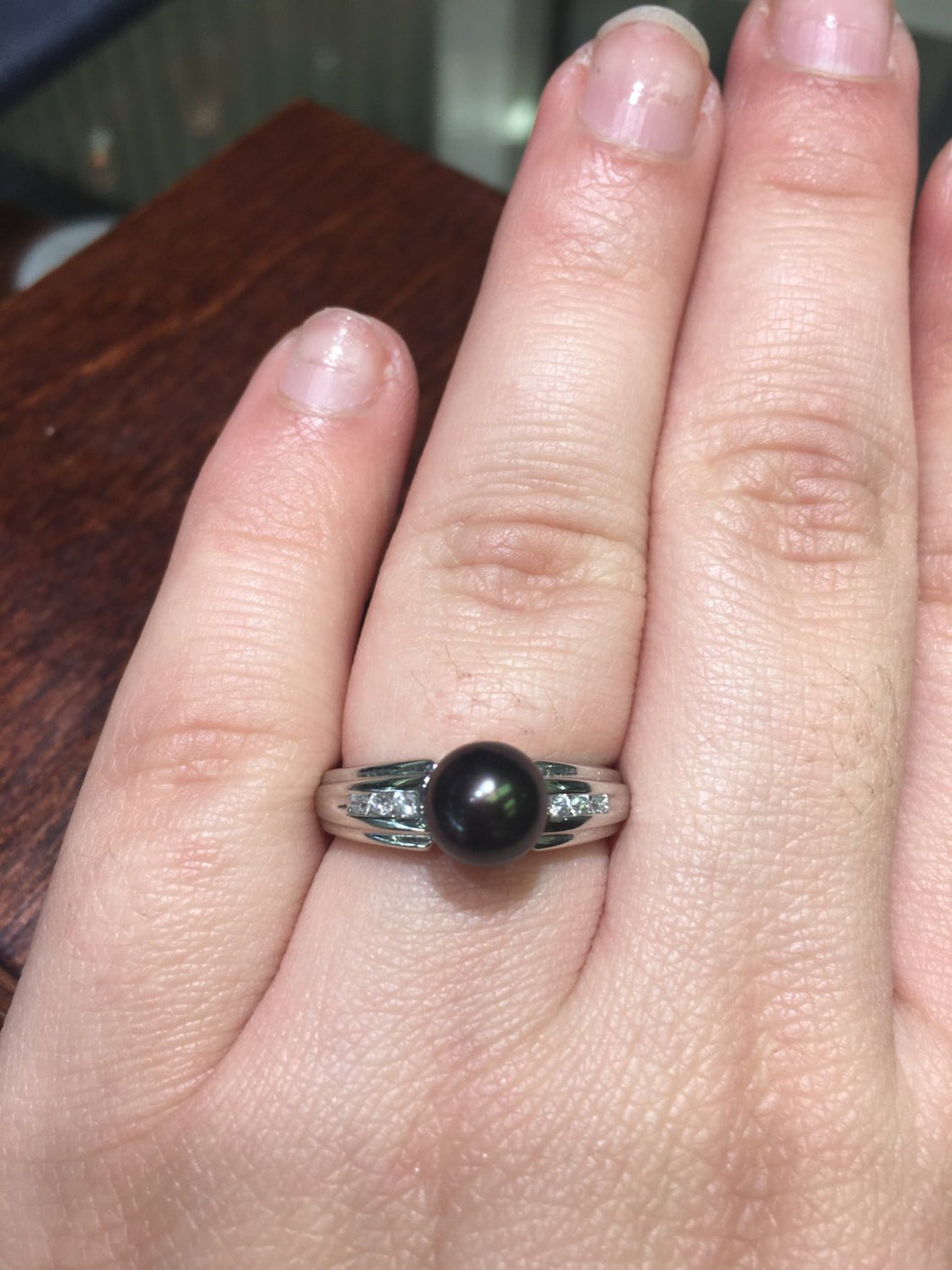 Black Pearl And Diamond 14 K White Gold Ring