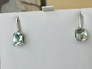 Cushion Cut Lab Created Green Amethyst Silver & 18 K Gold Dangle Earrings