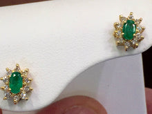 Load image into Gallery viewer, Emerald And Diamond Halo 14 K Yellow Gold Earrings